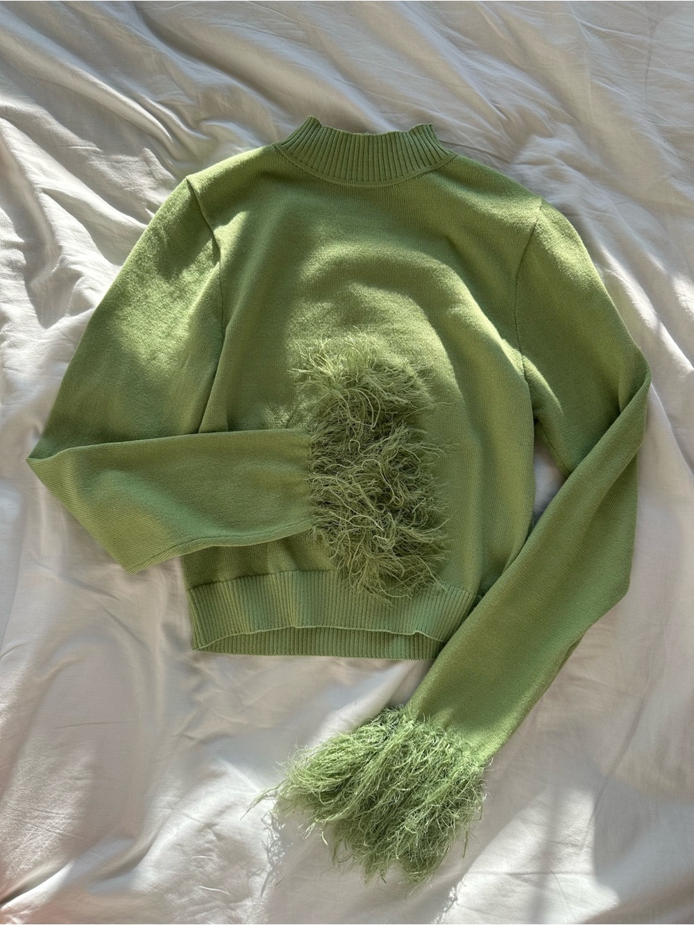 Green Feather-Cuff Women's Sweater